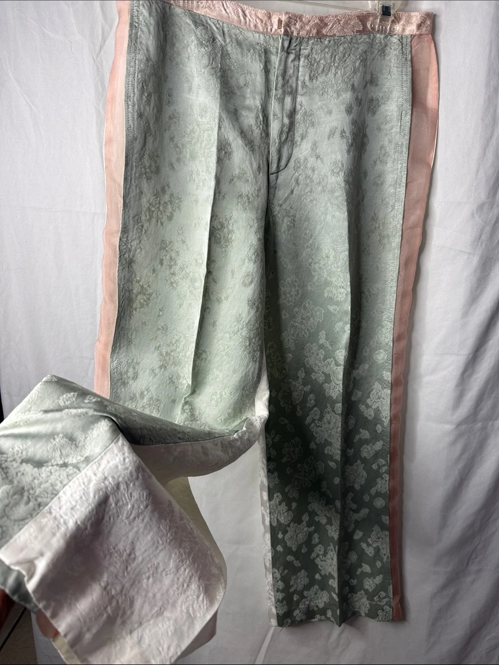 Zara Sage Green, Pink & White Jacquard Textured Pants with Sheer Pink Panels L